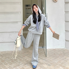 可拆卸连帽卫衣套装女2025春秋新款韩系小个子格子拼接卫裤两件套，女装套装/套裙，2C317A