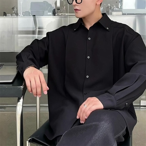 春秋季日系项链设计感长袖衬衣痞帅潮流男士休闲黑色衬衫俩件套男图片