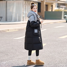粉色连帽撞色拼接羽绒服女2024冬新款过膝中长款加厚保暖鸭绒外套，女装羽绒服，韩宇舍
