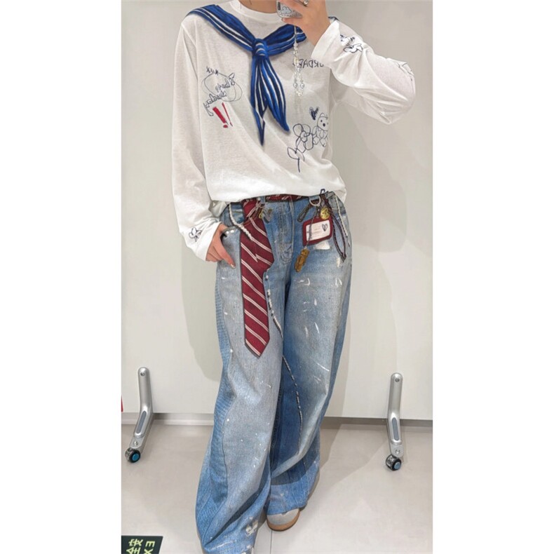 【现货】美食阔腿牛仔裤男女潮红色条纹领带珍珠P63YQ61,男装牛仔裤,星座1112-1