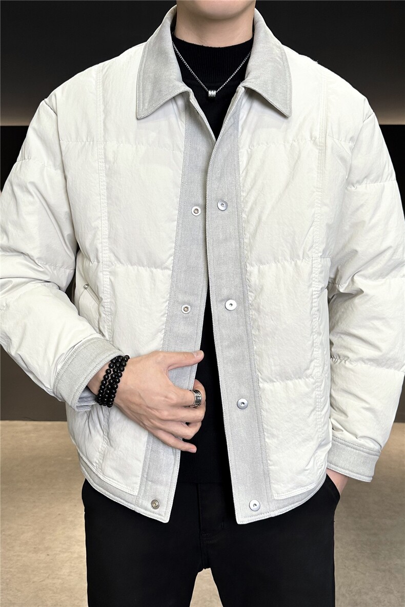 90%标白鸭绒2025冬季翻领拼接休闲加厚羽绒服外套25162-P335,男装羽绒服,电商A413