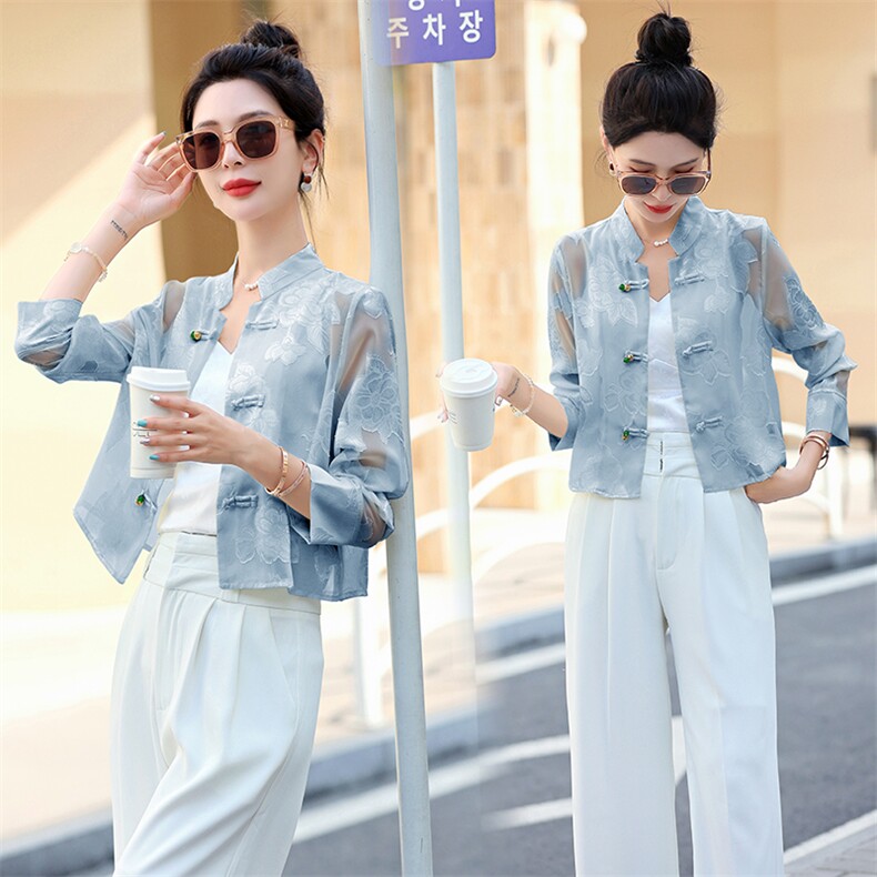 新中式国风女装2025夏季新款高级感小个子提花防晒上衣薄款短外套，女装防晒衣，曼娅璐