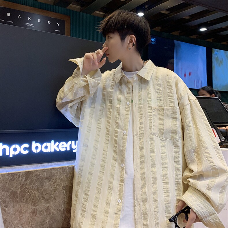 外套Polo领条纹衬衫高级感法式衬衣宽松长袖上衣CS0910-P40,男装衬衫,星座308B-1