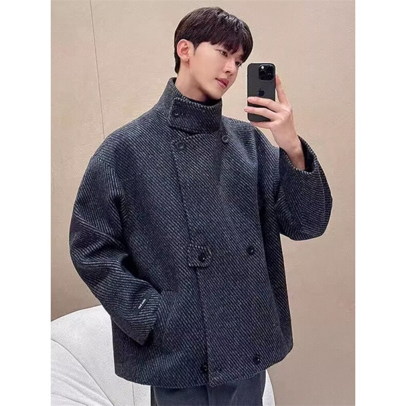 1506-1/MS3181/P82复古牛角扣毛呢外套男2025冬季短款大衣外套图片