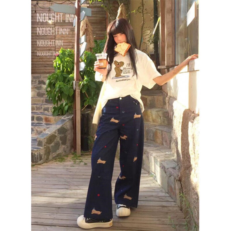 美式小狗贴布绣复古深蓝色牛仔裤女秋阔腿直筒丹宁长裤NS08,男装牛仔裤,星座1116A（原606A-3）