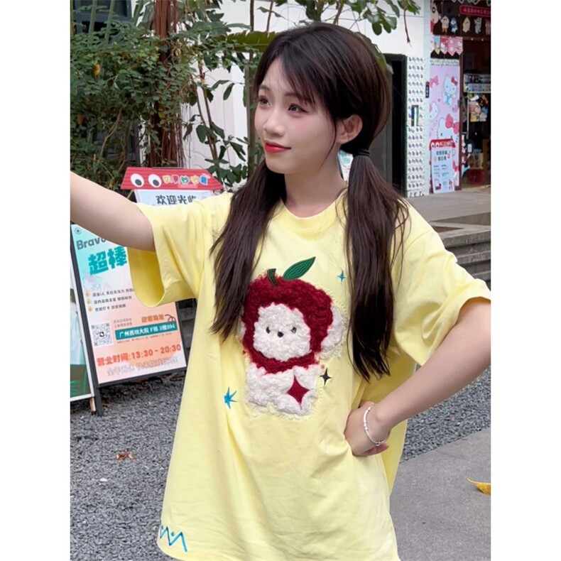 H0698-P35可爱苹果小狗短袖t恤女纯棉夏季宽松美式慵懒chic上衣,男装T恤,星座617A-2