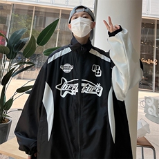 港风秋款男夹克字母印花条纹拼色休闲外套JK51P55，男装夹克，星座1013-1