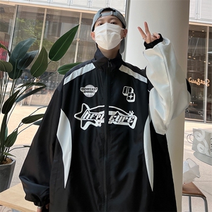 港风秋款男夹克字母印花条纹拼色休闲外套JK51 P55图片