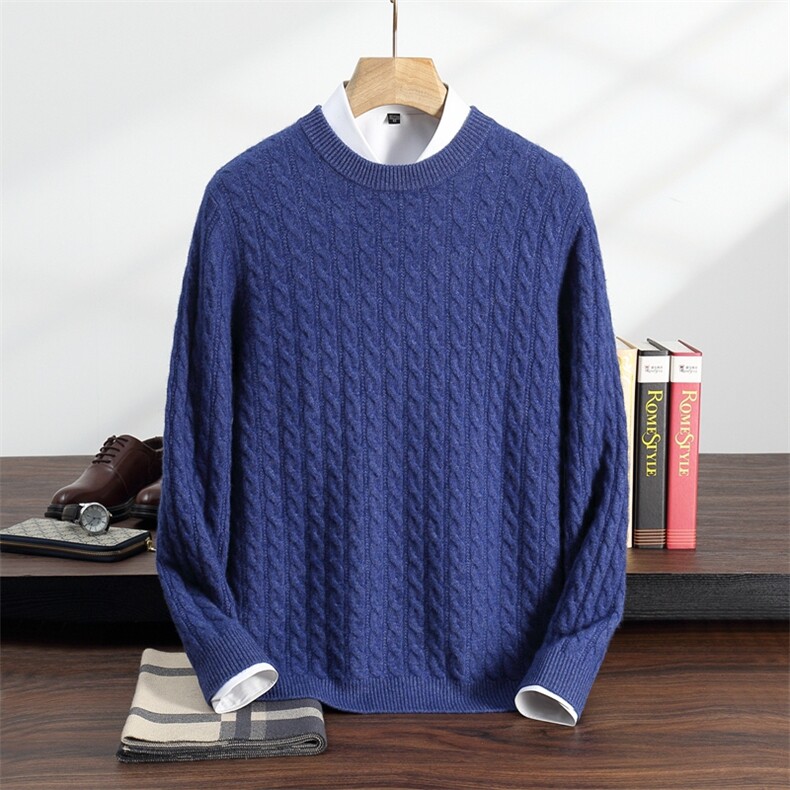 秋冬季35%羊绒休闲商务简约百搭麻花扭花圆领羊绒衫男装，男装羊绒套衫，纳丰羊绒