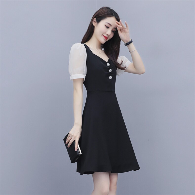 2020夏季新款拼接泡泡袖性感显瘦连衣裙小黑裙,女装连衣裙,岚衣(原川流布茜）