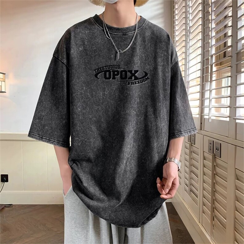 抖音得物供货240克重磅现货宽松美式纯棉水洗做旧印花T恤ATSX01,男装T恤,电商A443