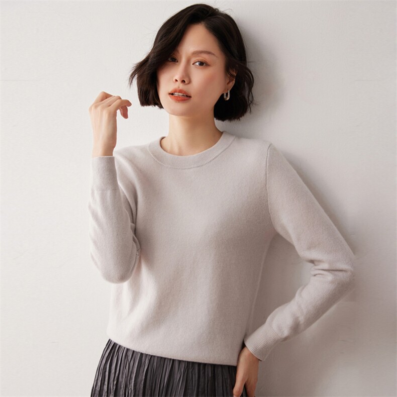 秋冬新款洋气时尚百搭显瘦女款圆领35%山羊绒衫,女装羊绒衫,艾巧羊绒