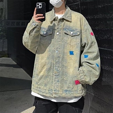 黄泥色牛仔外套男春季做旧夹克美式hiphop复古潮牌上衣W6286-P76，男装工装外套，星座412-2