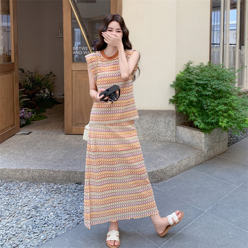 设计感撞色条纹背心套装裙女2025夏季新款法式巨好看半身裙两件套,女装套装/套裙,2D034