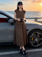 设计感时尚气质套装裙女夏新款圆领撞色拼接上衣开叉半身裙两件套，女装套装/套裙，江南