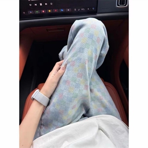 高街牛仔裤男春秋新款痞帅格子彩色高级感vibe直筒 N2143图片