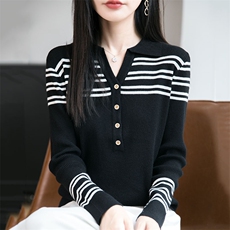 2025年秋季女士条纹翻领扣子长袖，女装针织衫/毛衣，萱芳婷羊绒