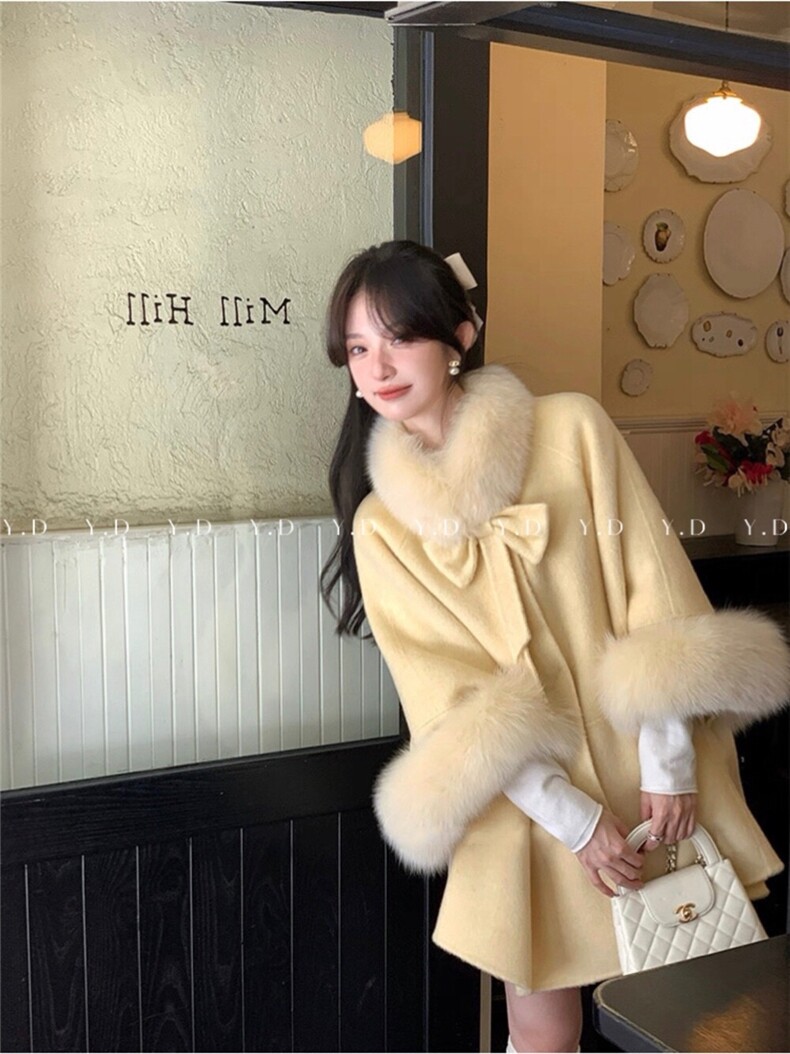 【依嘟】蝴蝶结狐狸毛围脖富家千金高级感羊毛外套(配可拆真狐狸,女装双面呢大衣,依嘟服饰