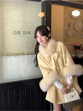【依嘟】蝴蝶结狐狸毛围脖富家千金高级感羊毛外套(配可拆真狐狸，女装双面呢大衣，依嘟服饰