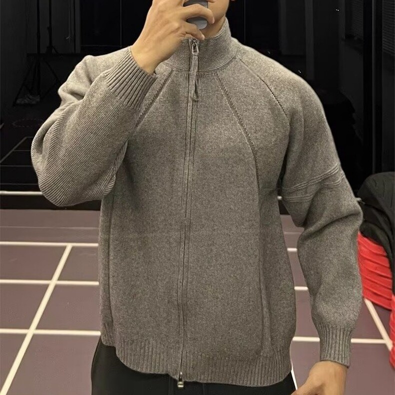 美式双拉链开衫毛衣男生休闲设计感针织外套ins立领长袖夹克上衣图片