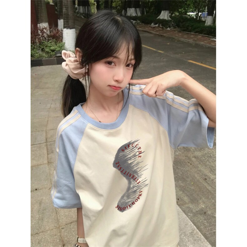 抖音得物品质二开240克宽松纯棉美式潮牌插肩三杠织带短袖T恤,男装T恤,电商A486