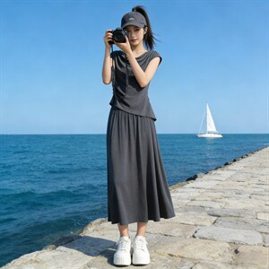 韩系深灰色时尚套装裙女夏季新款褶皱设计短袖上衣半身长裙两件套,女装套装/套裙,江南