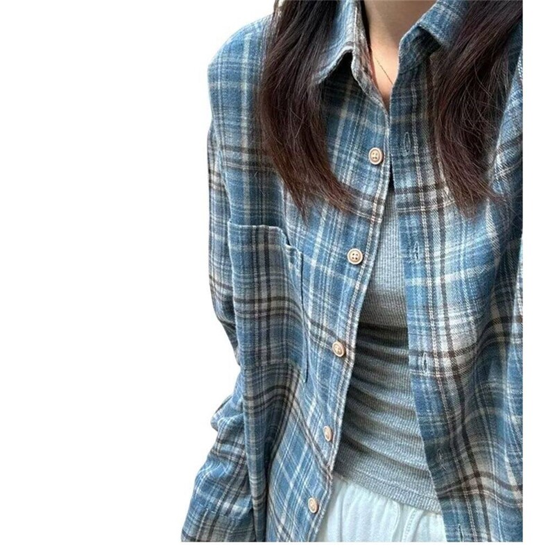 蓝色格子衬衫男女款秋冬季2024新款宽松休闲长袖百搭衬衣复古外套,男装衬衫,星座506A
