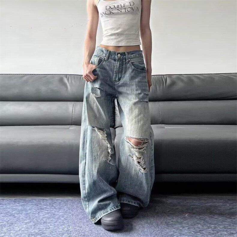美式高街破洞弯刀牛仔裤男女设计感宽松直筒阔腿裤子L78400-P53,男装牛仔裤,星座1008