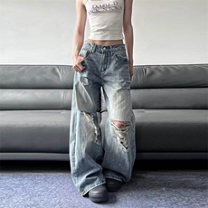 美式高街破洞弯刀牛仔裤男女设计感宽松直筒阔腿裤子L78400-P53，男装牛仔裤，星座1008