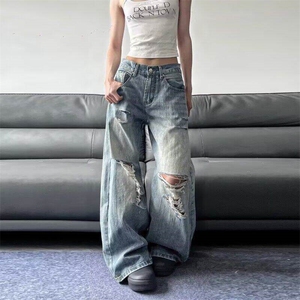 美式高街破洞弯刀牛仔裤男女设计感宽松直筒阔腿裤子L78400-P53图片