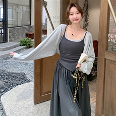 灰色慵懒风披肩开衫套装裙女2025开春穿搭一整套吊带连衣裙两件套，女装套装/套裙，2C271