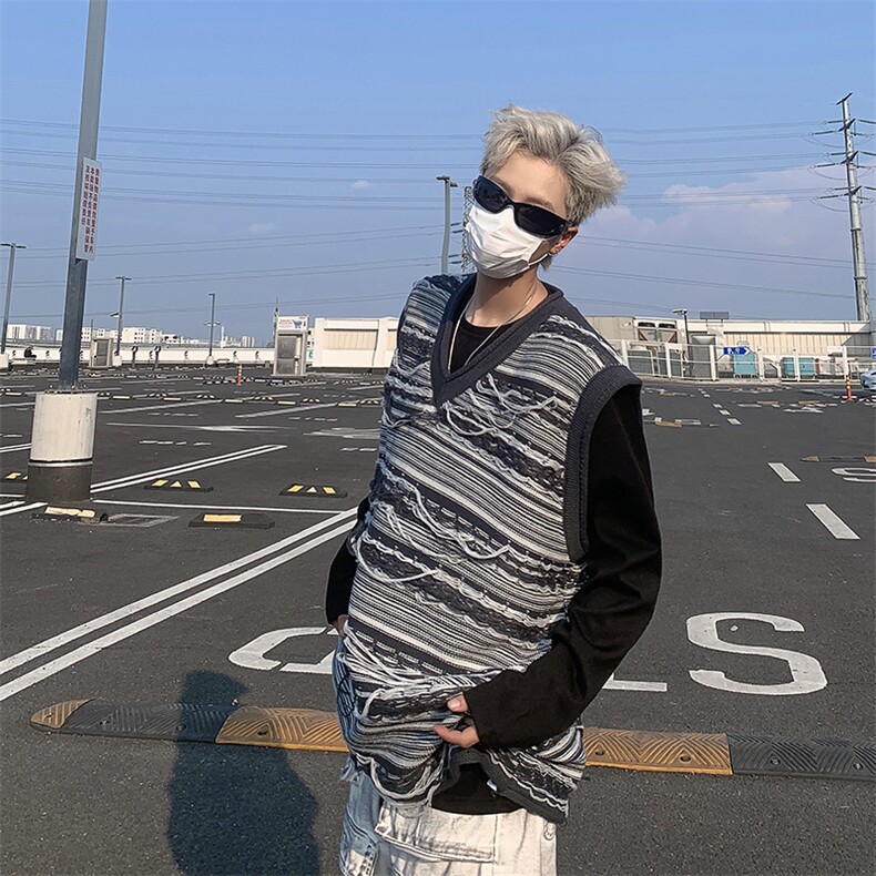 2024秋美式复古破坏感撞色流苏宽松V领针织毛衣背心马甲,男装背心/马甲,星座410-7
