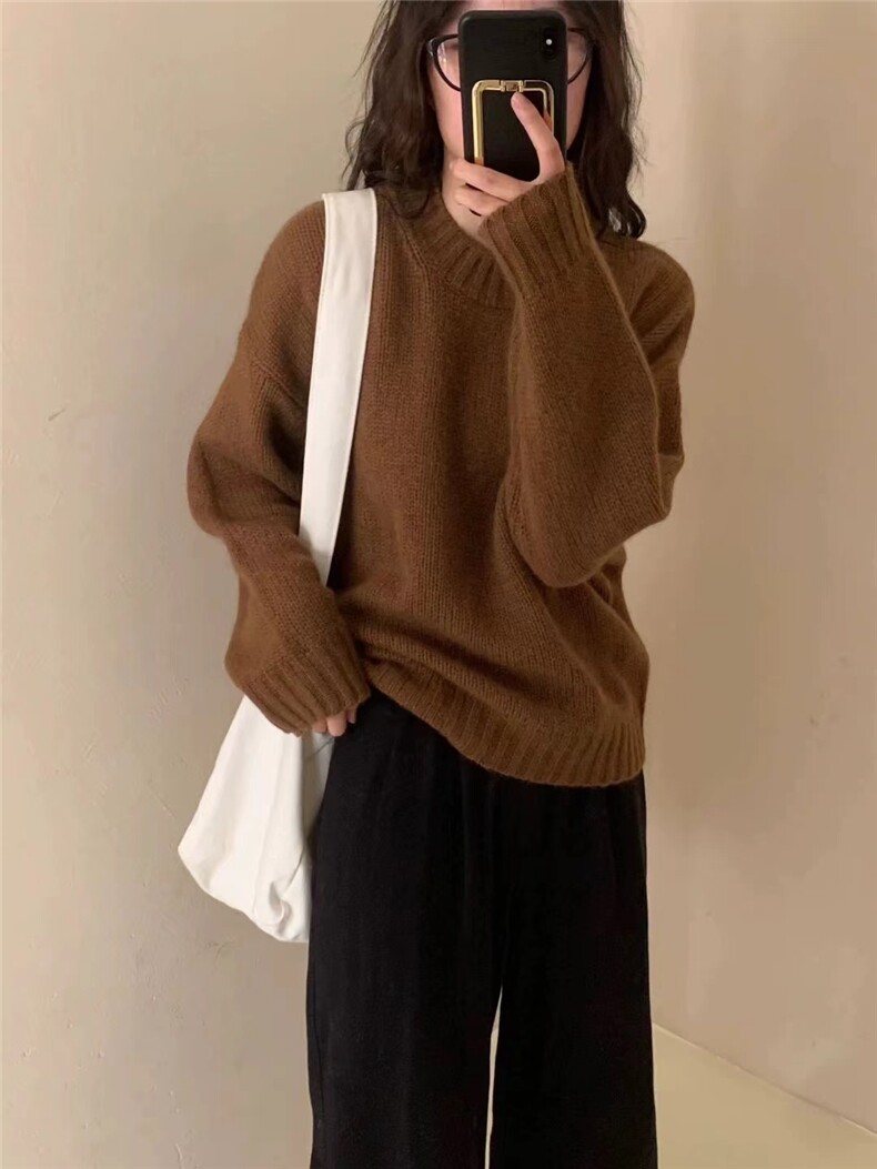 秋冬慵懒风软糯宽松短款小众毛衣韩版加厚圆领针织衫外穿,针织衫/毛衣,半城羊绒