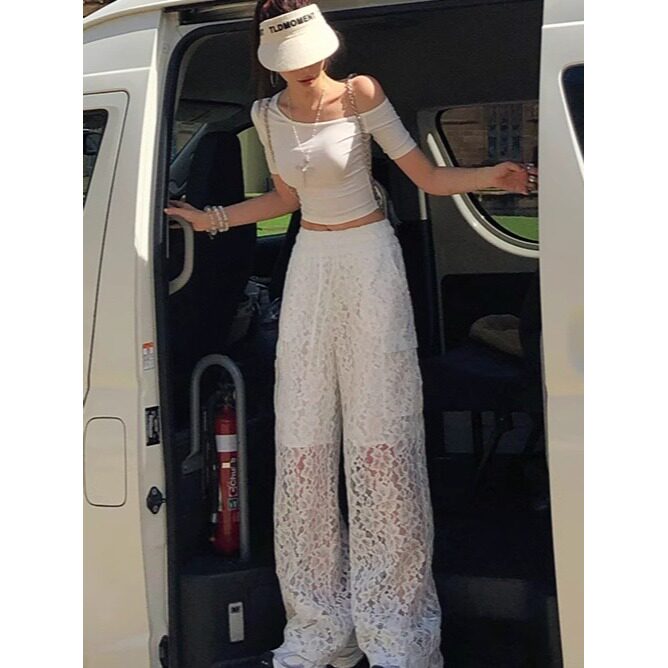 白色镂空蕾丝休闲裤女2025夏季新款洋气时尚设计感高个子阔腿裤,男装休闲裤,星座506A