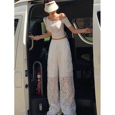 白色镂空蕾丝休闲裤女2025夏季新款洋气时尚设计感高个子阔腿裤，男装休闲裤，星座506A