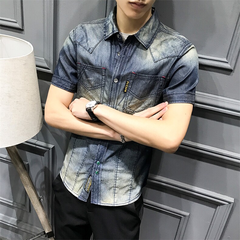 19春夏季欧美潮流复古式翻领牛仔衬衣品质短袖衬衫DX0127P85,男装衬衫,钱塘730-1