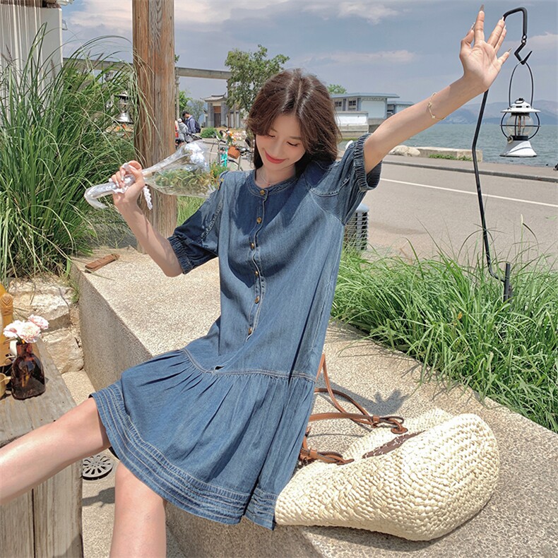韩版复古牛仔连衣裙女2025夏季新款设计感小众休闲显瘦减龄中长裙,女装连衣裙,点滴