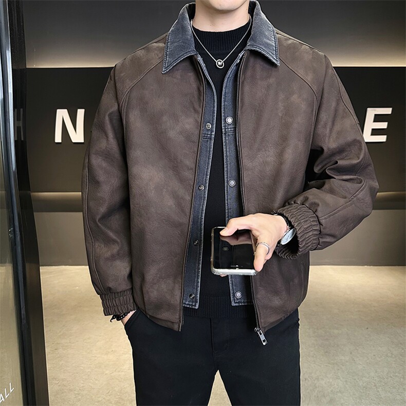 标50绒男士翻领假两件短款PU皮羽绒服休闲保暖外套5065-P255,男装羽绒服,电商B328