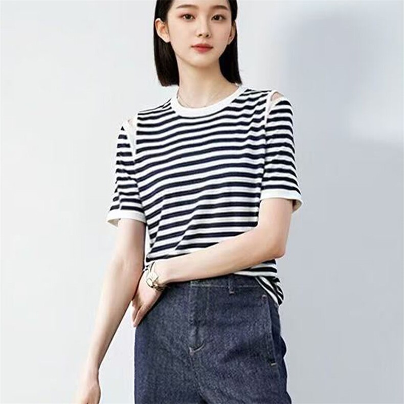 2025夏季新款条纹针织短袖T恤女别致设计感正肩上衣薄款百搭女装,针织衫/毛衣,萱芳婷羊绒