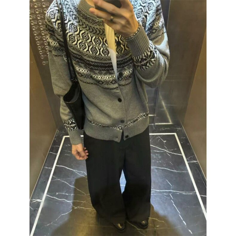 费尔岛提花针织衫男女款秋季美式复古高级感痞帅长袖毛衣开衫外套图片