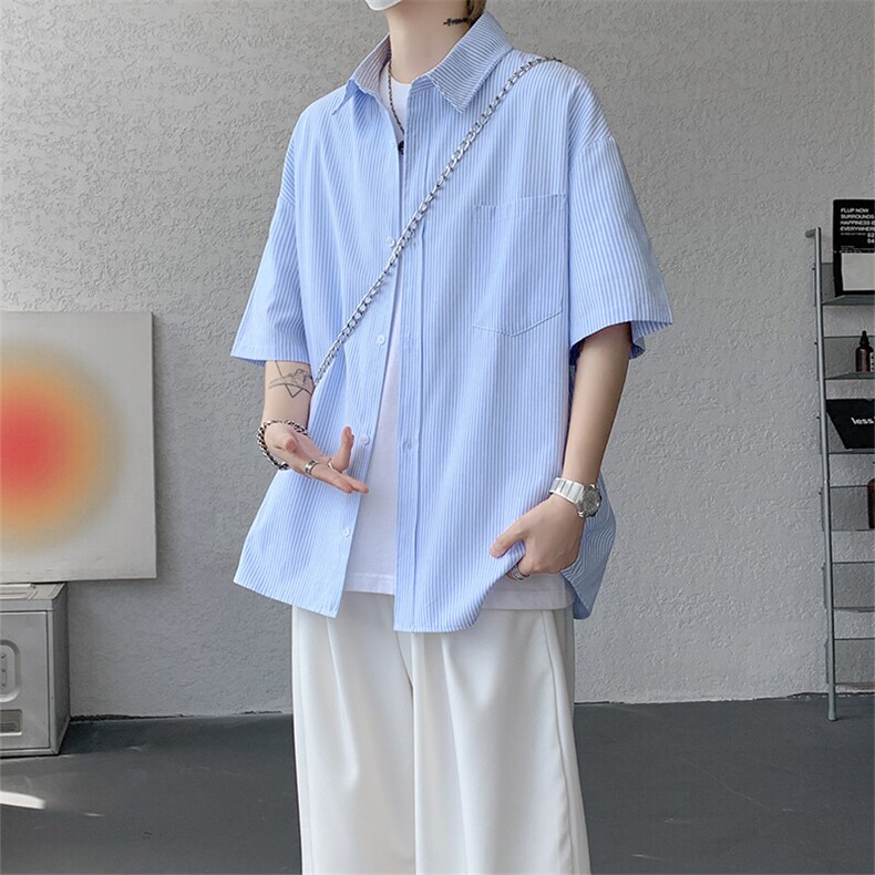 短袖衬衫男夏季新款港风宽松条纹衬衣DX3303-特P26无差价，男装T恤，星座214-3