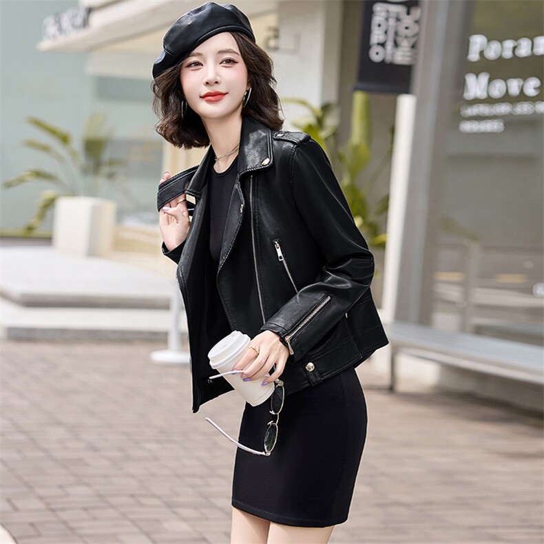 现货韩版修身皮衣外套女短款2024年秋新款仿真绵羊皮女士皮夹克,女装皮衣,美拉德工厂直营店