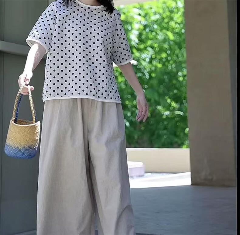 夏季雨露汉亚麻波点短袖衬衫圆领百搭显瘦透气舒适宽松上衣，女装T恤，鑫萬耀羊绒