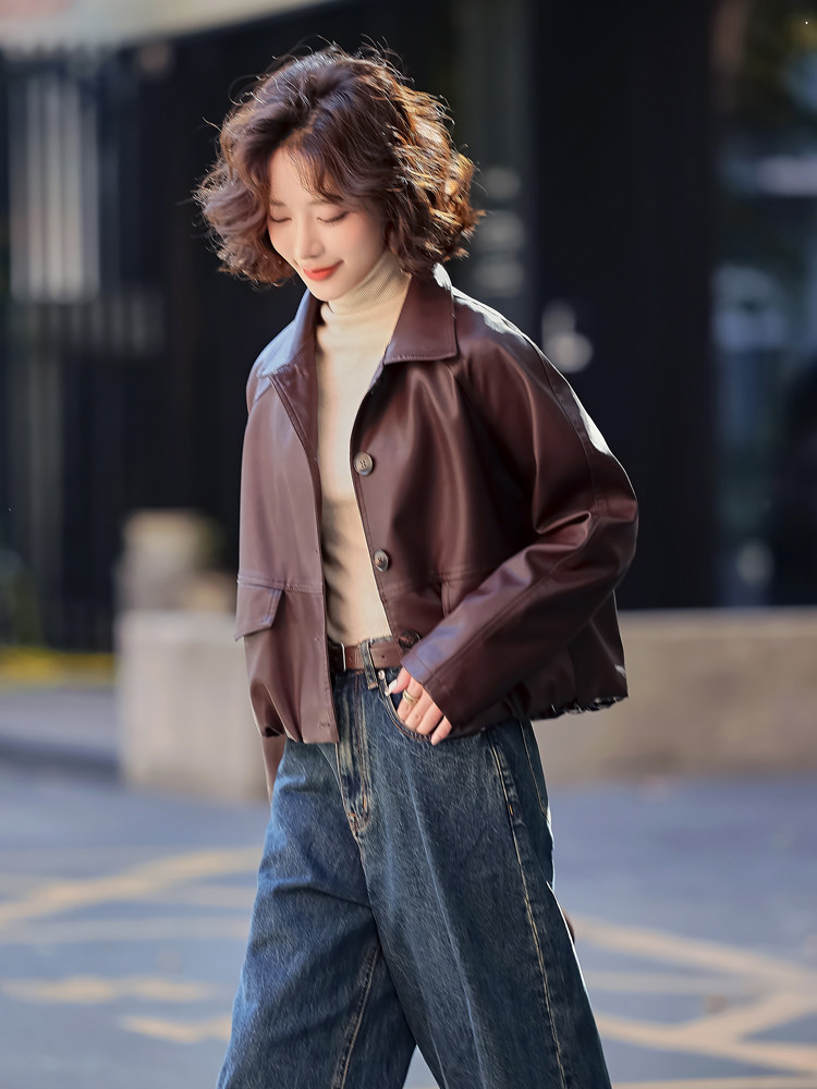 常规短款春季方领纽扣极简风皮衣春秋韩版机车服休闲气质小个子,女装皮衣,简古