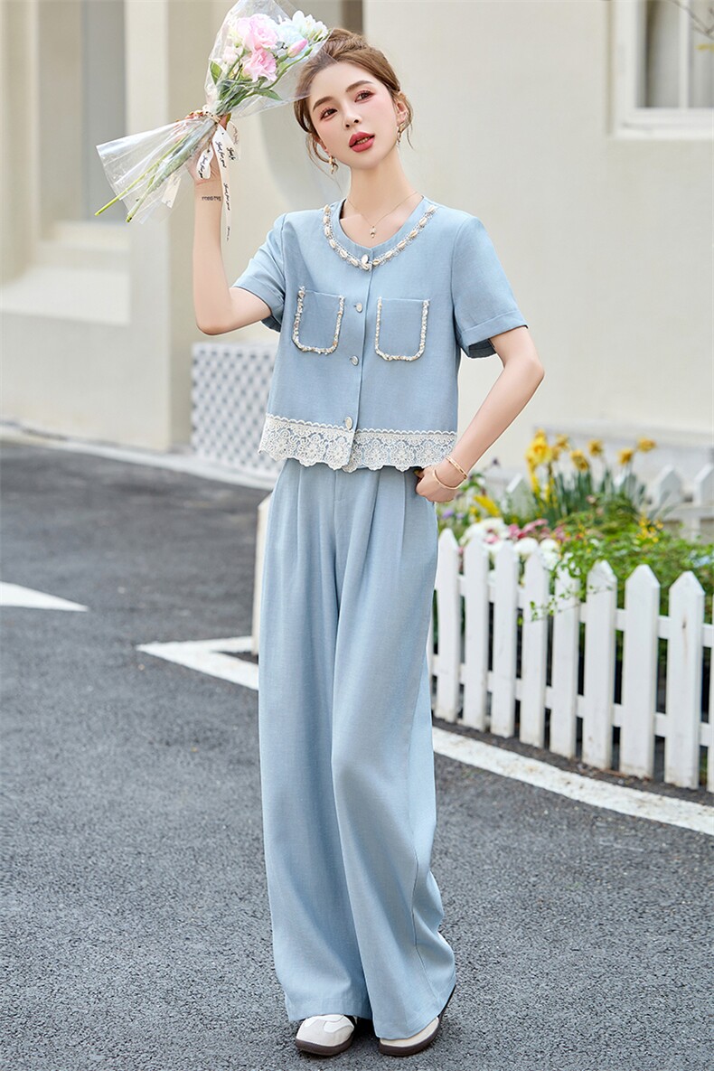 小香风时尚套装女2025夏季新款气质减龄蕾丝拼接外套阔腿裤两件套,女装套装/套裙,伊仟回