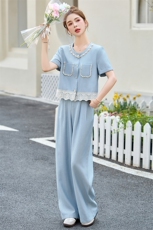 小香风时尚套装女2025夏季新款气质减龄蕾丝拼接外套阔腿裤两件套，女装套装/套裙，伊仟回