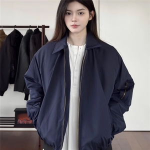 美式复古藏青色飞行夹克外套女潮牌高级感t翻领短款棒球服图片