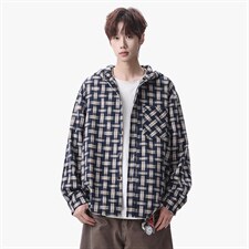 衬衫男春季新款港风宽松连帽大码格子长袖衬衣CS1982-P42，男装衬衫，星座214-3