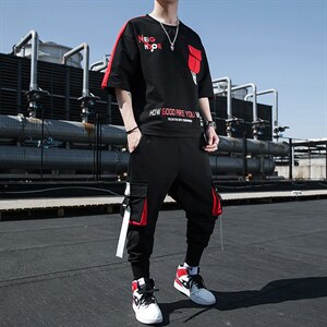 新款夏季短袖套装男休闲运动九分裤T恤宽松上衣两件套F160P75图片