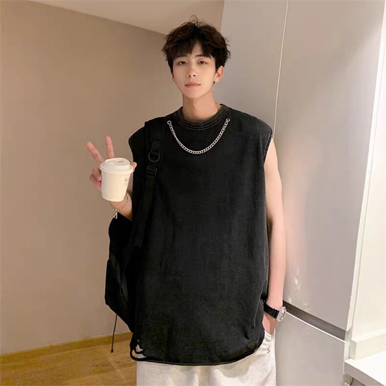 链条水洗棉背心青少年高街美式复古套头水洗做旧水洗破洞背心男,男装背心/马甲,星座1210-1